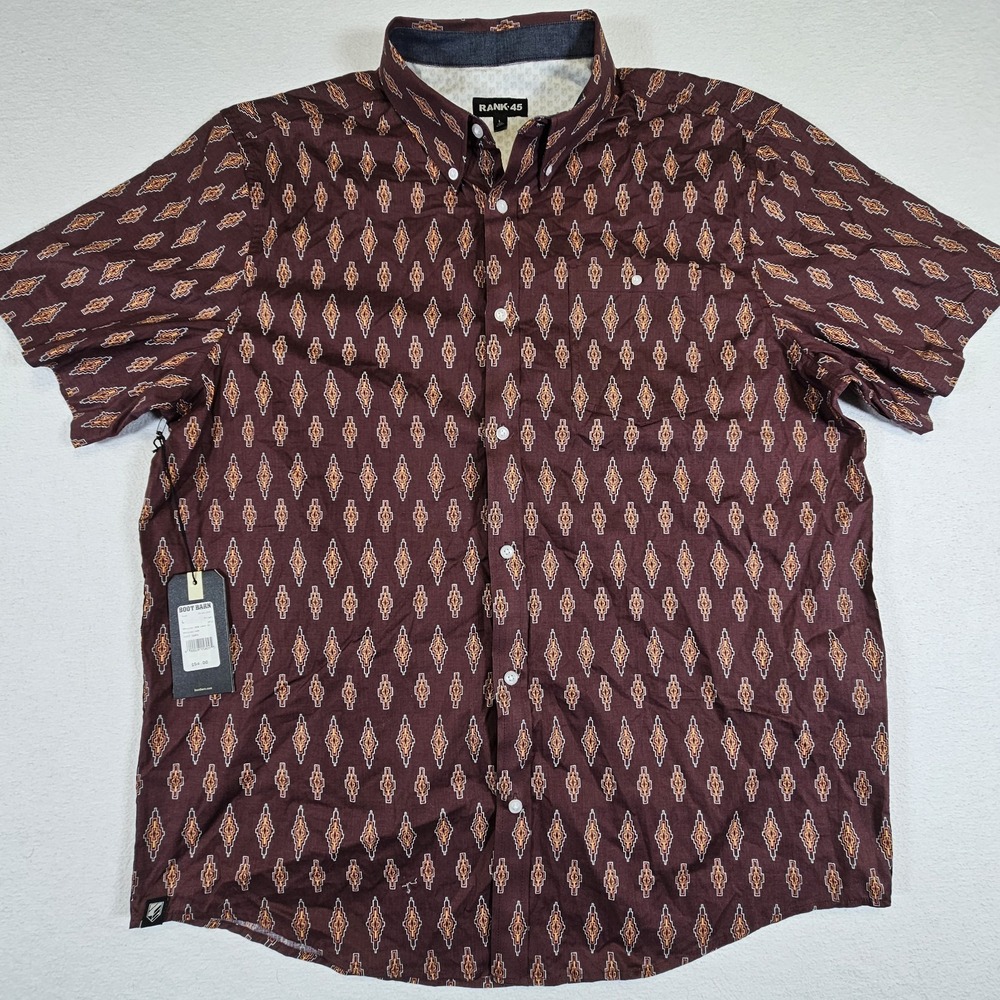 NWT Rank 45 Shirt Mens Large Aztec Western Rodeo Button Down Short Sleeve Brown